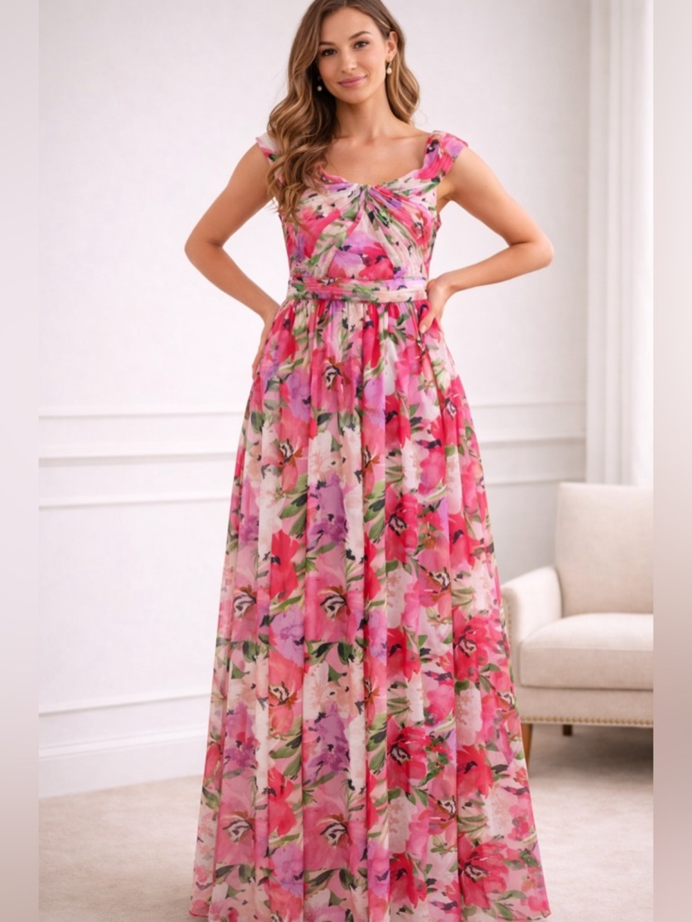 Adrianna Papell Floral Pink and Green Maxi Dress